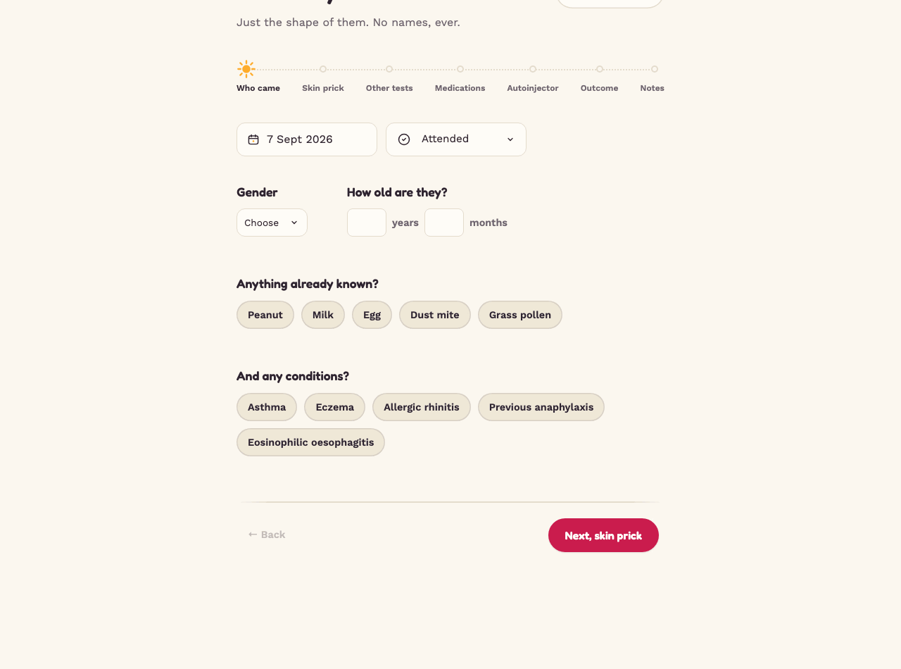 The first step of a new entry. The heading asks who did you see, with the line: just the shape of them, no names, ever. Below it are a date, an attended toggle, gender, age in years and months, and rows of buttons for known allergies and conditions.